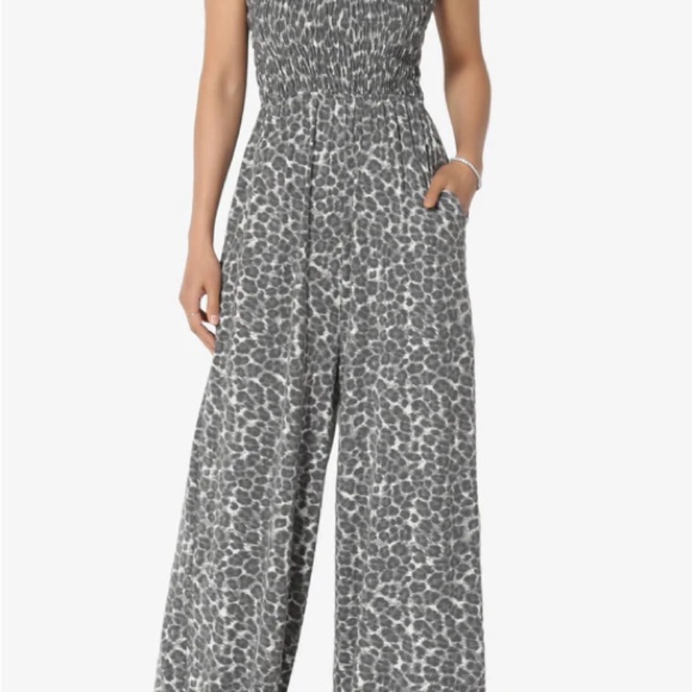 Zenana Leopard Print Jumpsuit - smocked top; wide leg; stretchy